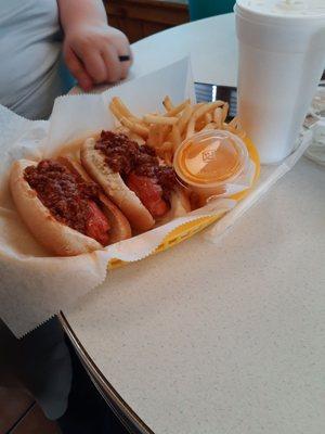 2 chili cheese dogs a order of cheese fries and a small coke