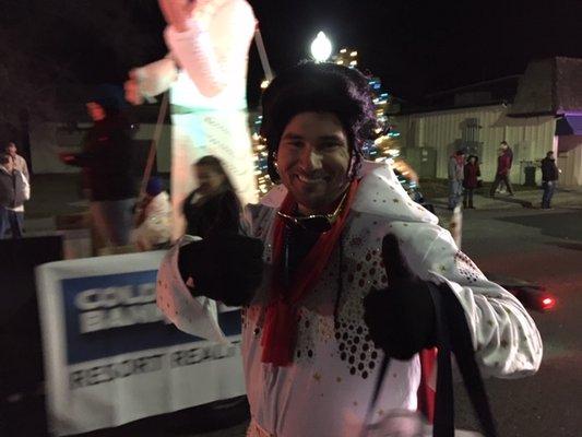 Rental Agent Myles Martin at Elvis.  Dreaming of a Blue Christmas at the Rehoboth Beach Christmas Parade.