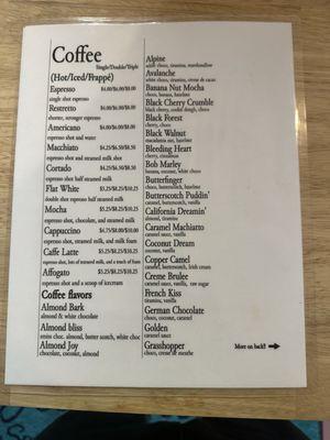 Coffee and flavor menu