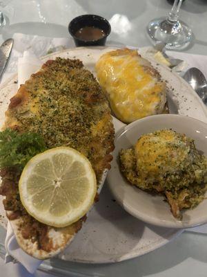 Seafood casserole, broccoli casserole, and double stuffed potato