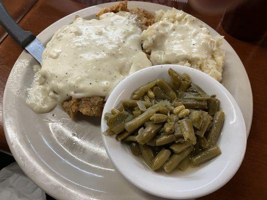 Chicken fried steak, mashed potatoes, green beans