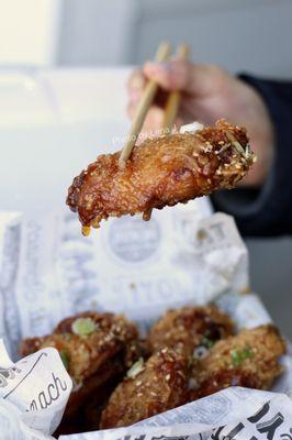 Chicken wings with soy garlic sauce ($10 for 5 pieces) - good