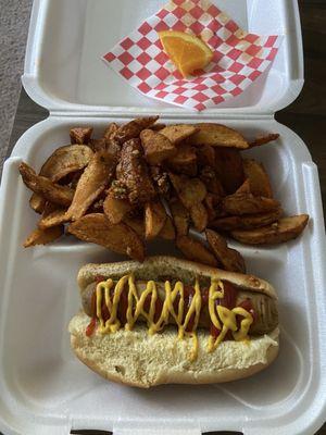 Plant based sausage and garlicky fries.