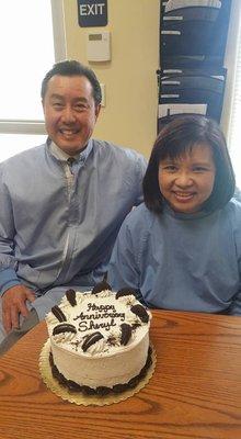 Dr. Sheryl Fong celebrating her 23rd year working with Dr. Owyoung. Dr. Fong does exams and x-rays and hygiene cleanings.