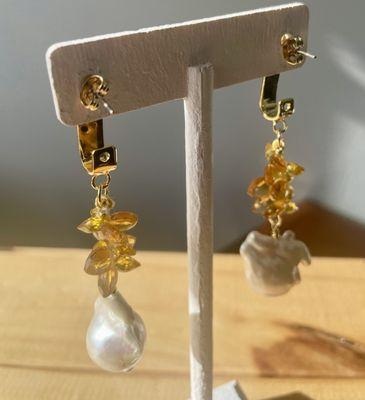 Baroque Pearl with Amber drop earrings