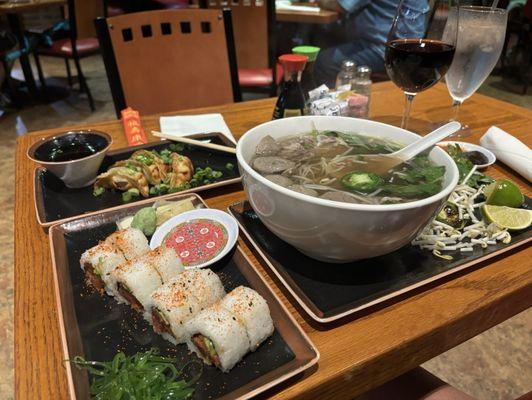 Fried dumplings, spicy sushi roll, and a huge bowl of Pho.