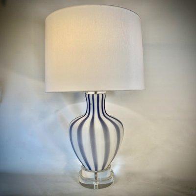 Lavender and white striped Murano blown glass lamp on lucite