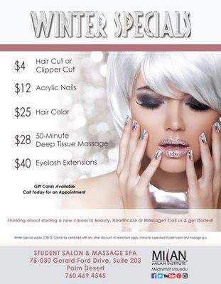 Winter Specials are here! Valid 12/01/22 - 2/28/23.