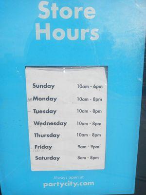 Store hours located on front door of Dublin Party City