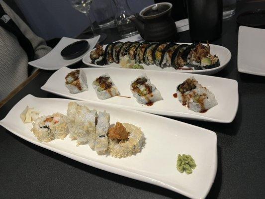 Various rolls...  Captain Crunch Roll Spider Roll Salmon Skin Roll