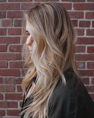 Beige blonde balayage + cut by Bethany