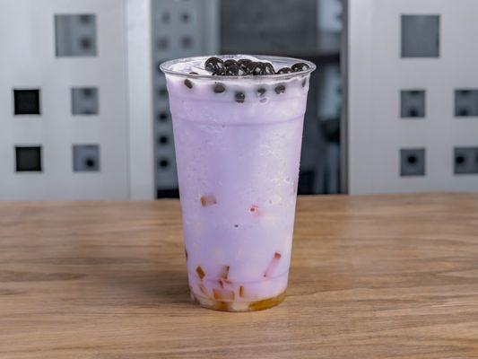 Our Taro Bubble drink with tapioca and jelly topping!