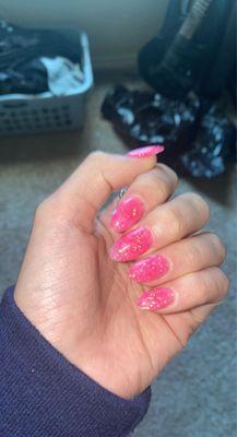 Glitter pink acrylics with tips by Daniel