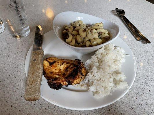 Chicken, jasmine rice, bacon Mac and cheese