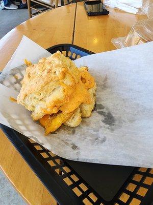 Bacon, egg, and pimento cheese biscuit