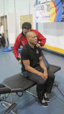 Adjusting Olympic Wrestler Lee Kemp