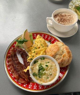 Farm plate with bacon and a chai latte