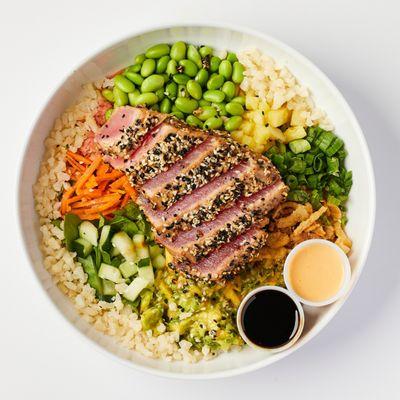 Seared Tuna Poke bowl choice of brown rice, quinoa or cauliflower rice.