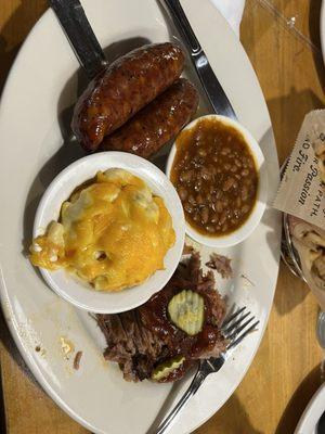 2 meats and 2 sides; pulled pork, jalapeno cheese sausage, Mac n cheese, baked beans