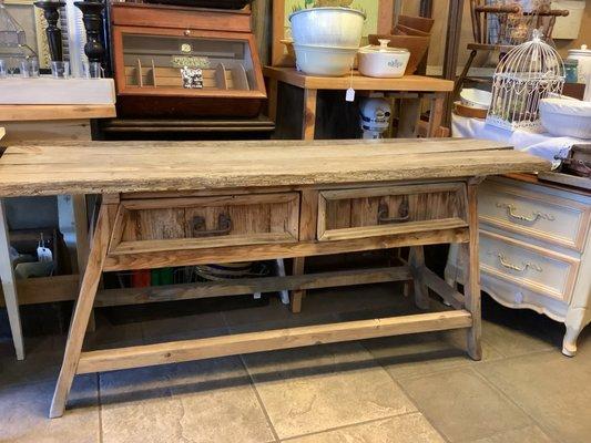 Rustic weathered wooden buffet table