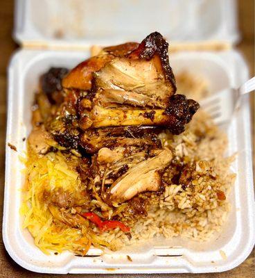 Juicy & fork tender jerk chicken in a medium meal