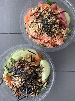 House bowl with 3 different fish (top), Hawaiian/salmon bowl (bottom). Fresh, well-balanced ingredients, delicious 10/10 would recommend