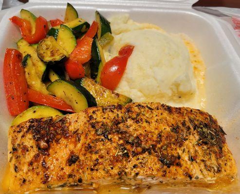 Baked Salmon with Grilled Veggies and Garlic Mashed Potatoes