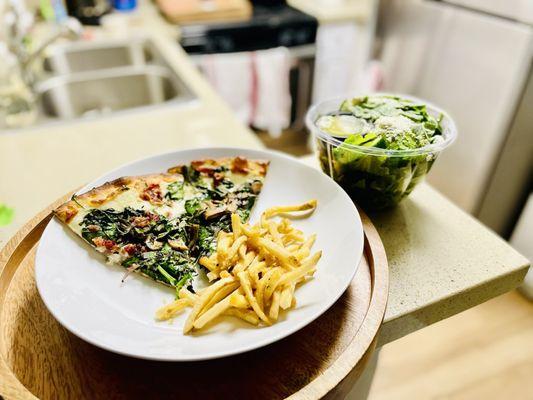 Spinach Mushroom Bacon Alfredo Pizza with Arugula and Avocado Salad plus Garlic Parmesan Fries- Take Out