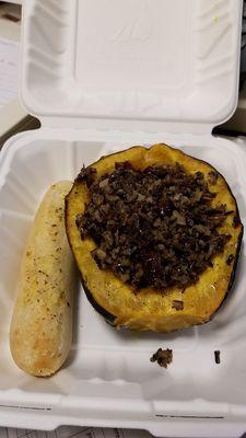 Stuffed Squash with a Breadstick from the cafe