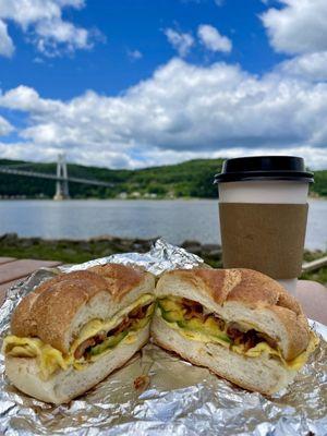 Egg, bacon, avocado, and Swiss sandwich & 16 oz hazelnut latte.