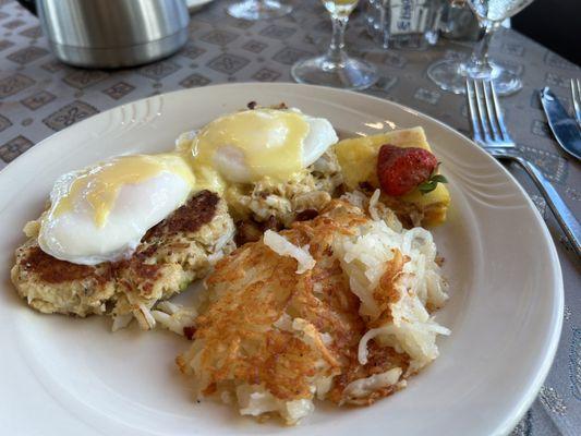 Crab cake eggs Benedict!! Delicious and crab cake was moist and seasoned with fresh herbs - no filler bread crumbs!!