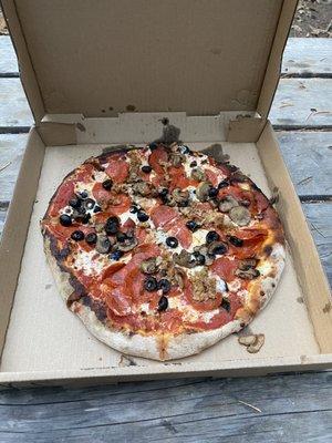 Kevin's Special - pepperoni, sausage, black olives and mushrooms