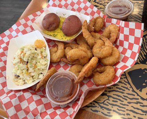 Fried shrimp dinner with cocktail sauce