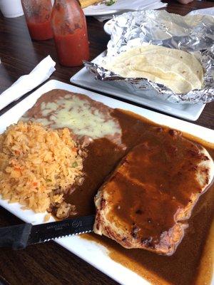 chicken molé with rice, refried beans, and store-bought tortillas