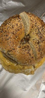 Sausage egg and cheese on an everything bagel!