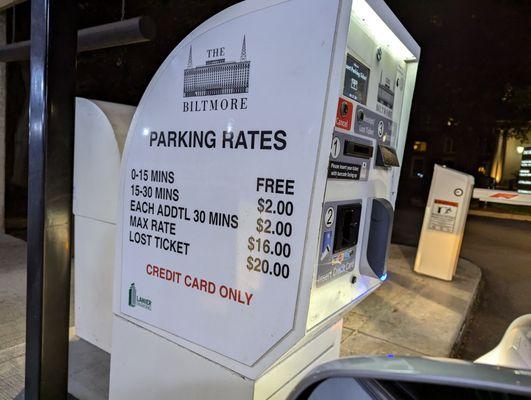 Parking rates at the Biltmore garage next door. Cypress does not validate.