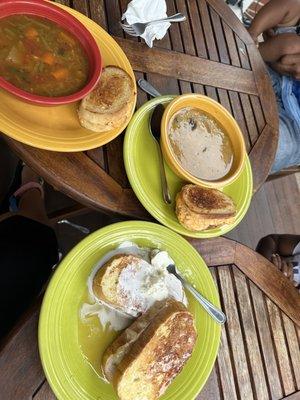 Gourmet grilled cheese. Mushroom pumpkin soup and vegetable soup, apple cheese cake stuffed French toast with a butterscotch sauce.