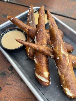 Pretzels with beer cheese and mustard sauces (you get choice of 1 sauce and can add on another for up charge $)