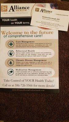 Business Card Information (Top Right) Through Alliance Health. Located in the Shelby Macomb Medical Mall.  5/12/2023