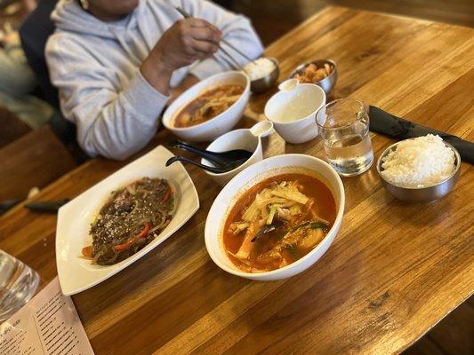 Jap Chae, spicy seafood noodle soup, rice & Kimchee on the side