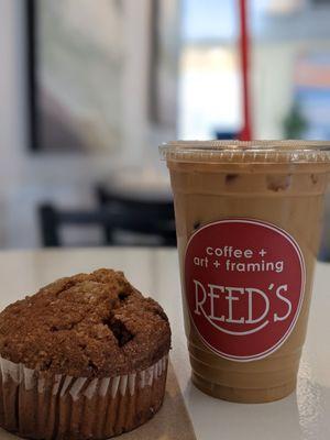 iced latte and cinnamon muffin