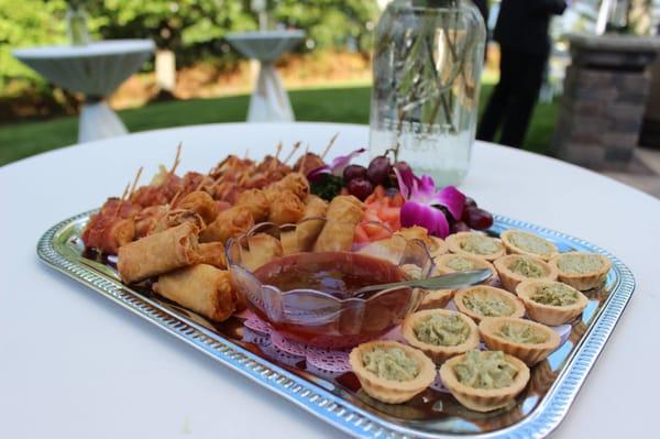 Bacon-wrapped Scallops, Spring Rolls with sweet & sour dipping sauce, and Brie Pesto Canape Tartlettes