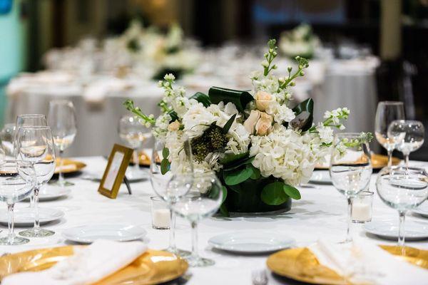 My centerpieces - Hydrangeas, blush/champagne spray roses and those long ones (I don't know what they are called). They were beautiful!