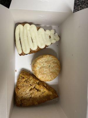 Scones: carrot cake, royal, and maple oat