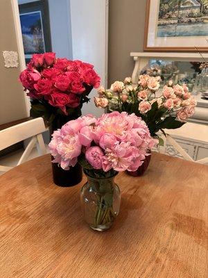 Spray roses, peonies, and beautiful full red roses!