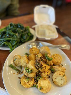 Salt and pepper tofu, vegetables, coconut chrysanthemum pudding