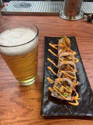 Beer and sushi, goes well.