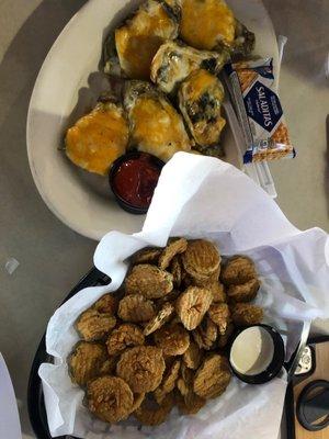 Fried pickles and Rockefeller Oysters