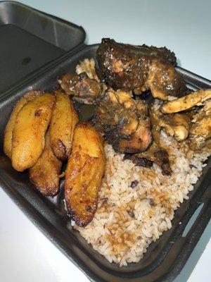 Jerk Chicken with Fried Ripe Plantains on a bed of Rice and Peas