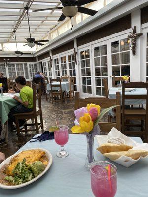 Prickly pear margaritas on the patio. The stuffed  sopapilla rellenos are so GOOD!